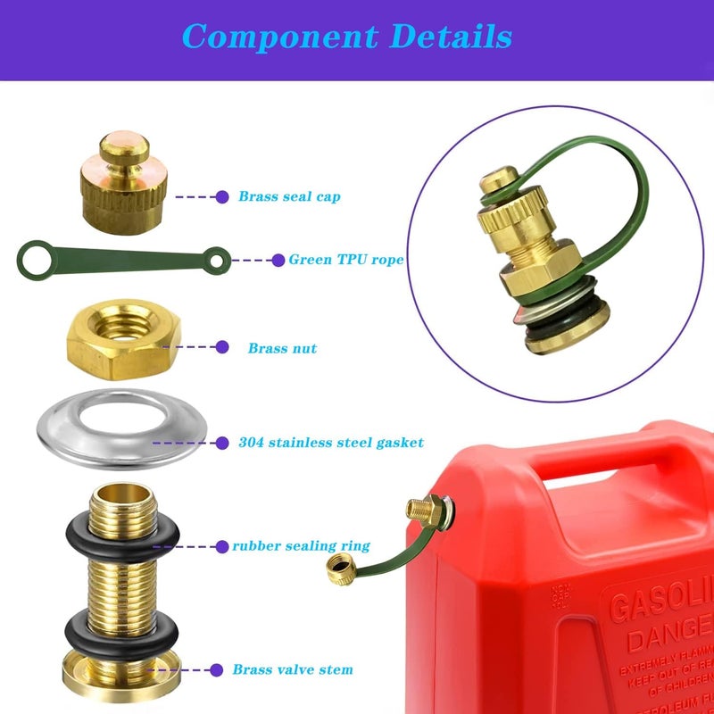 C CLINK Fuel Gas Can Vent Caps, 12 Pack Brass Vent Kits with Lanyard-Attached Cap for Gas Can Tank to Allow Faster Flowing - Image 3